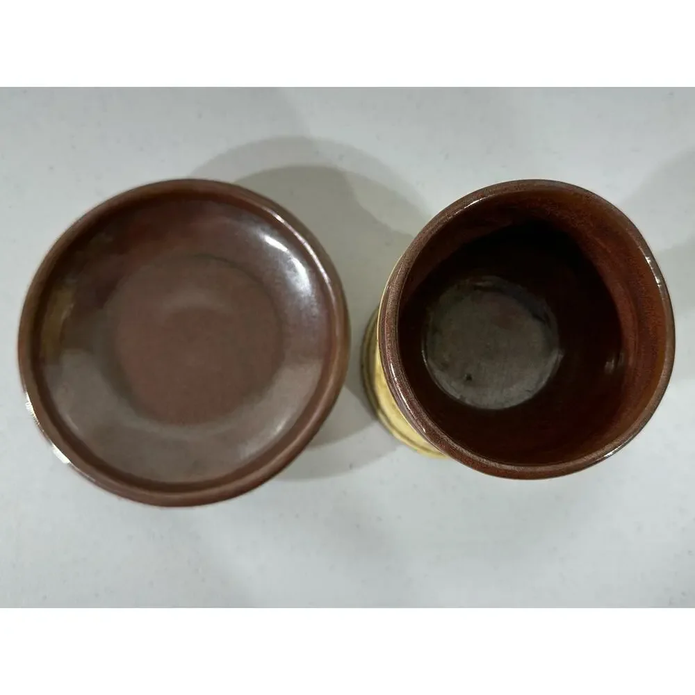 Studio Pottery Art Handmade 2 pc Candle Holder Tray Brown Signed Tom‎ Hughes
